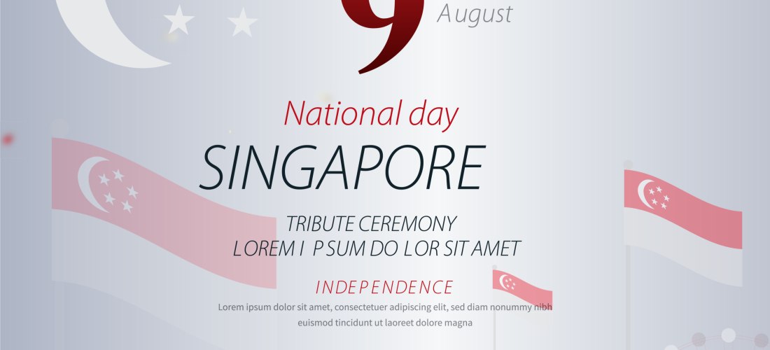 Illustration zum Nationalfeiertag von Singapur am 9. August. Im Vordergrund rote und weiße Bänder in den Farben der Nationalflagge, dazu ein Halbmond mit Sternen sowie stilisierte Singapur-Flaggen. Im Hintergrund angedeutet: Skyline von Singapur mit dem M