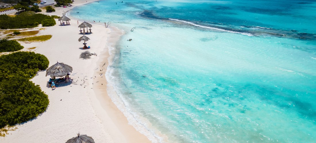 Heller Sandstrand auf Aruba mit mehreren Palmen-Schirmen, unter denen Menschen entspannen. Türkisfarbenes Wasser trifft sanft auf den Strand, im Hintergrund ist eine Straße mit geparkten Autos zu sehen.