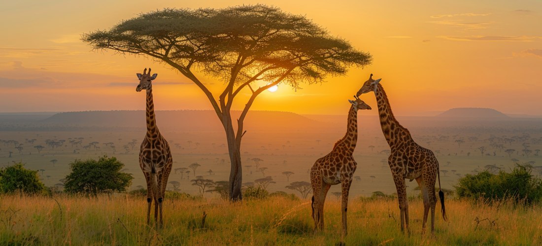 Drei Giraffen stehen in der afrikanischen Savanne bei Sonnenuntergang unter einem markanten Schirmakazienbaum. Die Sonne geht am Horizont unter und taucht die Landschaft in warmes, goldenes Licht. Im Hintergrund erstreckt sich die weite Savanne mit flache