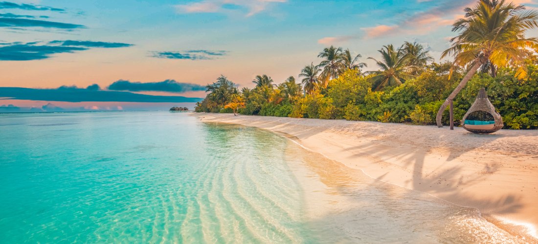Willkommen im Paradies! Dieses atemberaubende Bild zeigt einen unberührten weißen Sandstrand, umgeben von üppigen Palmen und tropischer Vegetation. Das kristallklare, türkisfarbene Wasser glitzert in der Sonne, während sanfte Wellen die Küste berühren.Ein