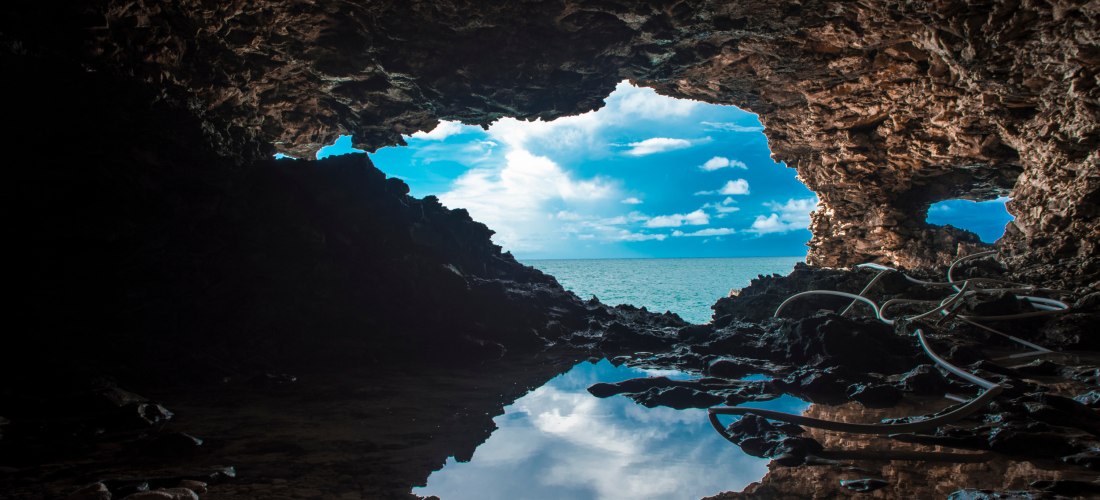 Animal Flower Cave auf Barbados mit Felsöffnung zum Meer und reflektierendem Wasserbecken.