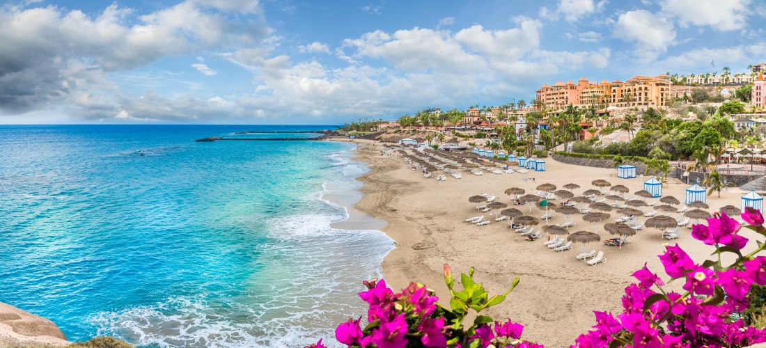 Strand von Costa Adeje auf Teneriffa mit Sonnenschirmen, türkisblauem Meer und Blumen im Vordergrund