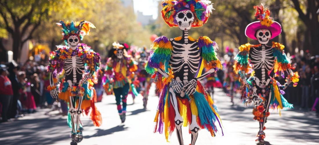 Künstler in farbenfrohen Skelettkostümen mit buntem Federschmuck und Blumen bei einer Día de los Muertos Parade auf einer sonnigen Straße