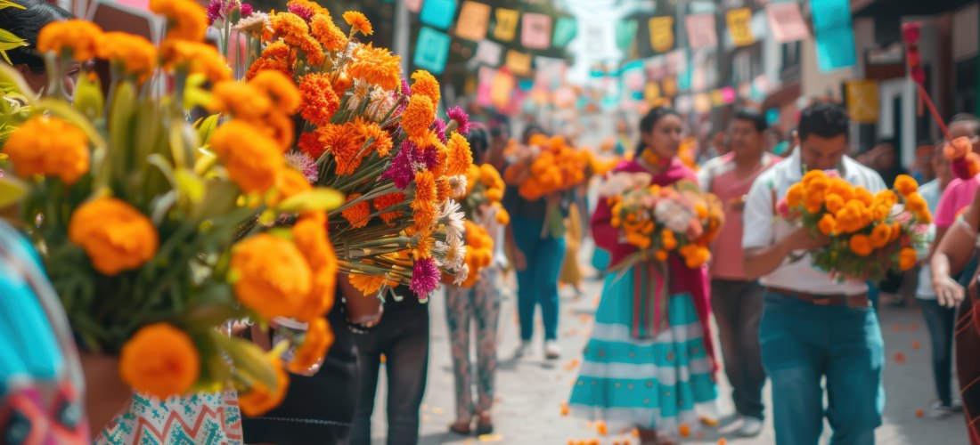 Lebhafte Prozession zum Dia de los Muertos mit Ringelblumensträußen und traditionellen Kostümen bei einer festlichen Straßenparade