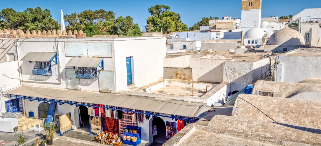 Blick von einer Dachterrasse auf eine traditionelle Medina mit weißen Häusern und flachen Dächern. Im Hintergrund ist ein Minarett zu sehen, das über die Häuser hinausragt. Der blaue Himmel verleiht der Szene eine friedliche und sonnige Atmosphäre.