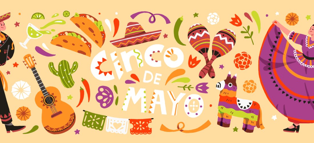Eine farbenfrohe Illustration zur Feier des Cinco de Mayo. Zu sehen sind ein charismatischer Mariachi-Musiker, eine traditionelle Tänzerin in einem leuchtenden Kleid, bunte Girlanden, Maracas, Sombreros, Tacos und typische mexikanische Dekorationen. Das B