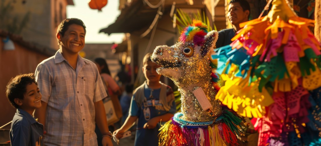Festliche Feier von Las Posadas in Mexiko mit Piñata-Prozession und farbenfrohen Dekorationen