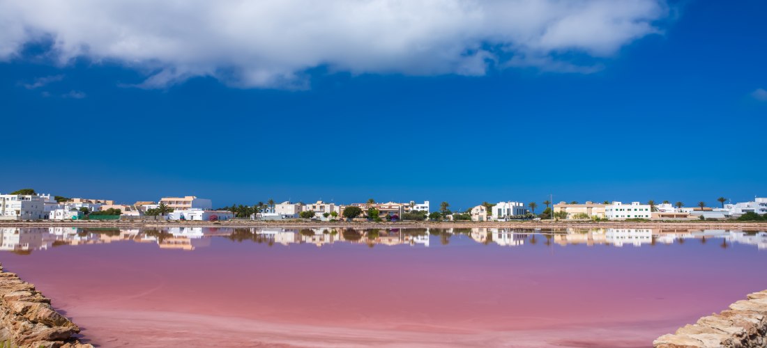 Panoramaaufnahme eines rosa schimmernden Salzsees auf Formentera mit einem Steinufer im Vordergrund. Im Hintergrund spiegeln sich weiße Häuser und Palmen im ruhigen Wasser. Darüber ein strahlend blauer Himmel mit vereinzelten weißen Wolken.