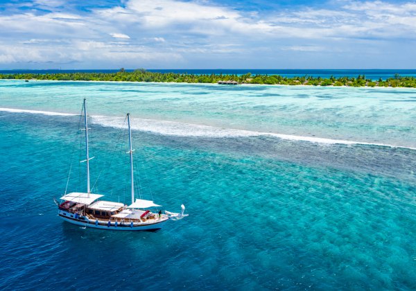 Ein elegantes Segelboot gleitet durch das türkisfarbene Wasser einer tropischen Insel. Die sanften Wellen und die üppige Vegetation im Hintergrund schaffen eine traumhafte Kulisse für ein unvergessliches Segelerlebnis.