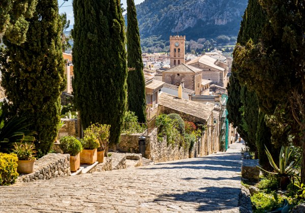 eine Steinstraße unten in der Stadt Pollensa, umgeben von Bäumen und mit Blick auf die Berge