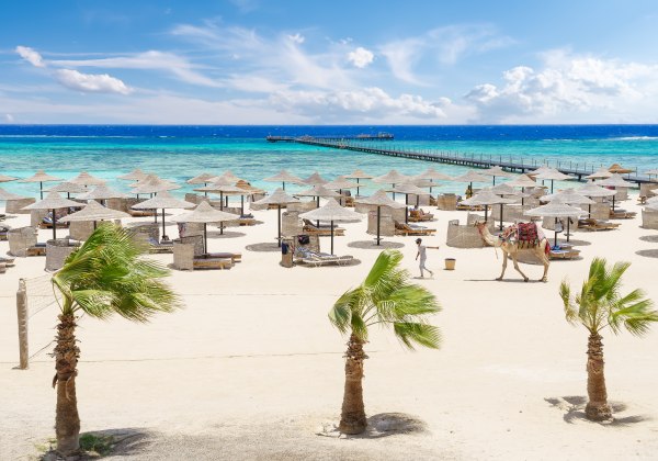 Heller Sandstrand mit Palmen, Sonnenliegen und naturfarbenen Schirmen. Das türkisfarbene Meer glänzt in der Sonne, ein Steg führt ins Wasser. Eine Person führt ein Kamel am Strand entlang.