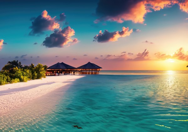 Tropischer Sonnenuntergang an einem weißen Sandstrand mit türkisfarbenem Wasser. Im Hintergrund stehen mehrere strohgedeckte Pavillons auf Stelzen im Meer. Der Himmel ist farbenfroh mit orangefarbenen, rosa und violetten Wolken. Auf der rechten Seite spie