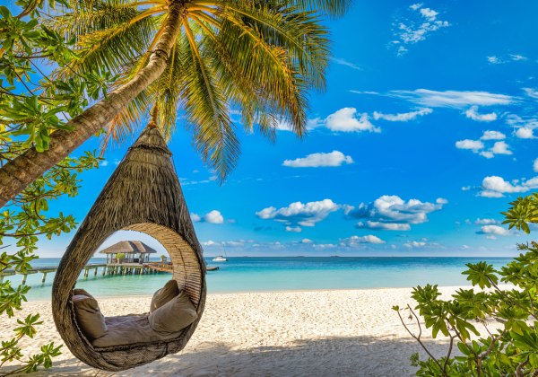 Hängender Kokon-Sessel an einer Palme mit Blick auf weißen Sandstrand, türkisblaues Meer und Pavillon auf dem Wasser bei sonnigem Himmel