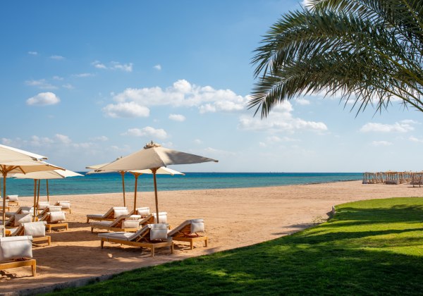 Liegestühle und Sonnenschirme am Strand