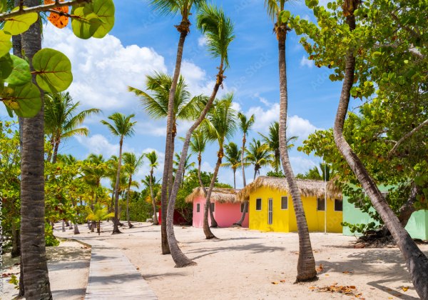 Strand mit bunten Hütten in Gelb, Rosa und Grün, umgeben von Palmen und Sandweg