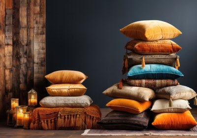 traditional Arabian textile style or Moroccan African vintage embroidery art in cozy furniture lifestyle with lanterns and wooden walls