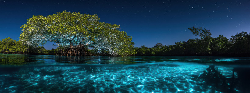 Magische Mangrovenlagune bei Nacht – tropisches Naturparadies mit leuchtendem Wasser Mangrovenbaum bei Nacht über leuchtend klarem Wasser – tropische Lagune unter sternenklarem Himmel.
