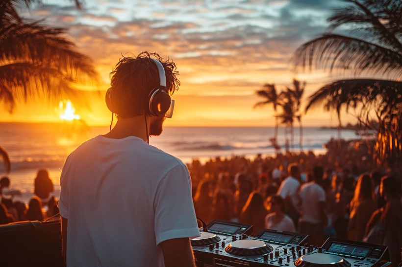DJ tritt bei einer Strandparty mit einer großen Menschenmenge im Hintergrund auf.