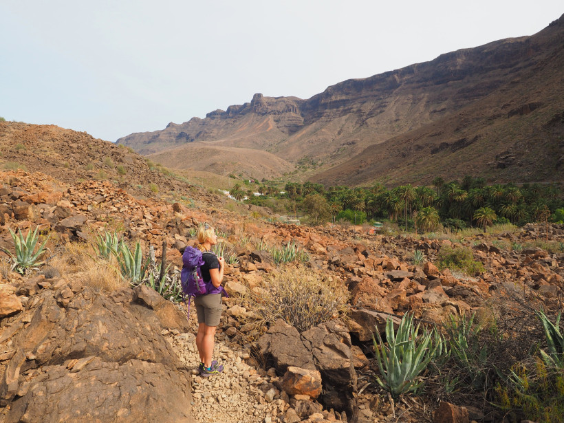 Wandern im Tal von Gran Canaria Eine Wanderin mit Rucksack steht auf einem steinigen Pfad im Tal von Gran Canaria, umgeben von karger Felslandschaft und grünen Palmen – perfekter Startpunkt für aktive Entdeckungstouren.