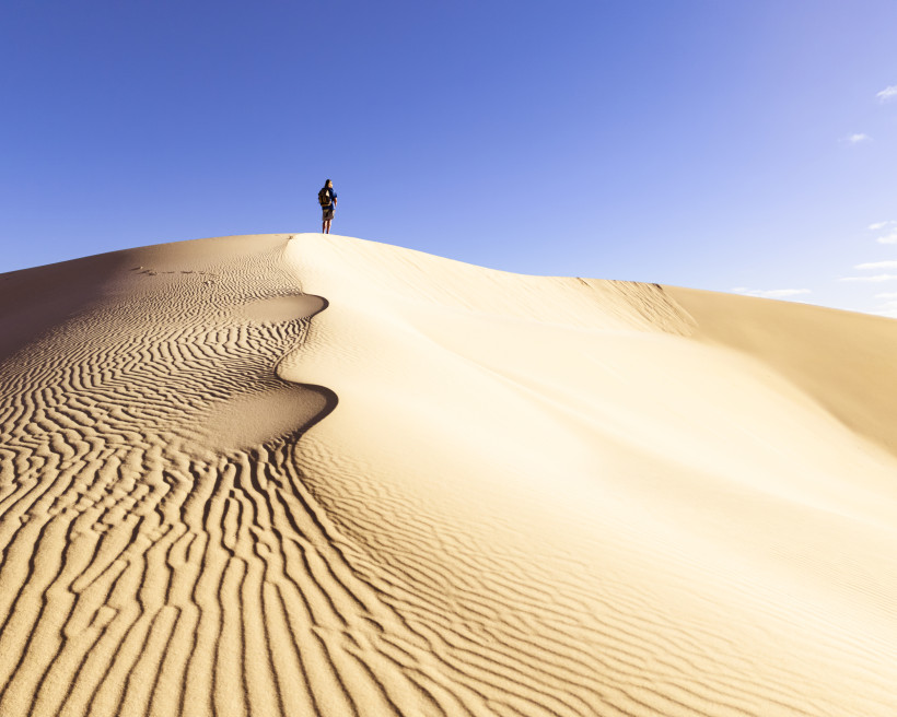 Dünen von Corralejo – Wandern in der Wüstenlandschaft Fuerteventuras Wanderer steht auf einer hohen Sanddüne im Naturpark Corralejo auf Fuerteventura unter klarem, blauem Himmel.