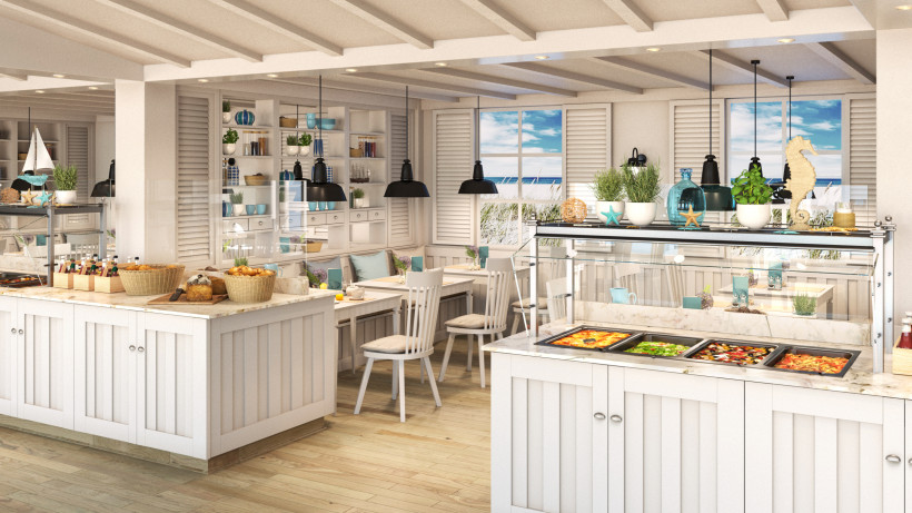 Beach House Restaurant auf AIDAcosma: heller Innenbereich mit Buffet und Sitzgelegenheiten Innenraum des Beach House Restaurants auf AIDAcosma mit Buffetstationen, Sitzplätzen und Meerblick durch große Fenster