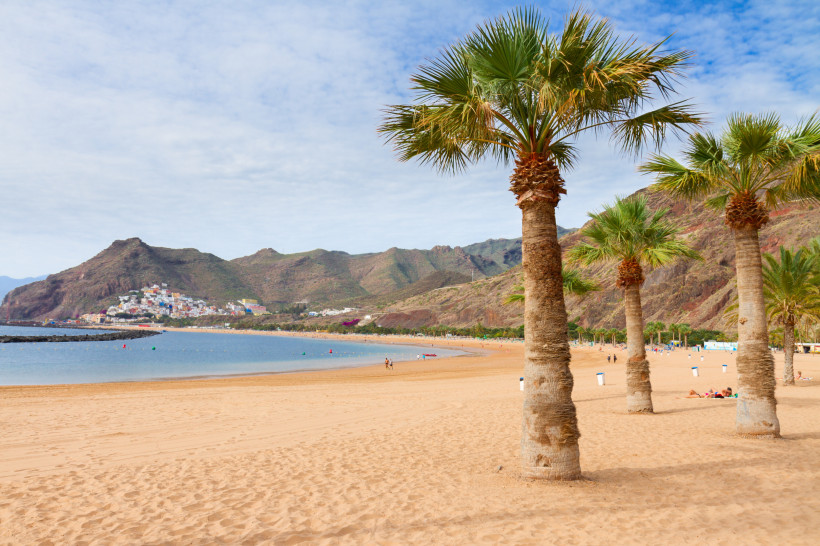 Sandstrand Las Teresitas auf Teneriffa mit Palmen, ruhiger Bucht und Bergen im Hintergrund