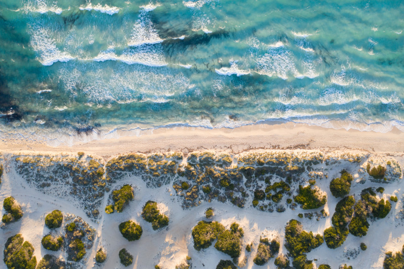 Luftaufnahme der Platja d’es Dolç mit türkisfarbenem Meer, Brandung, Sandstrand und Dünenvegetation