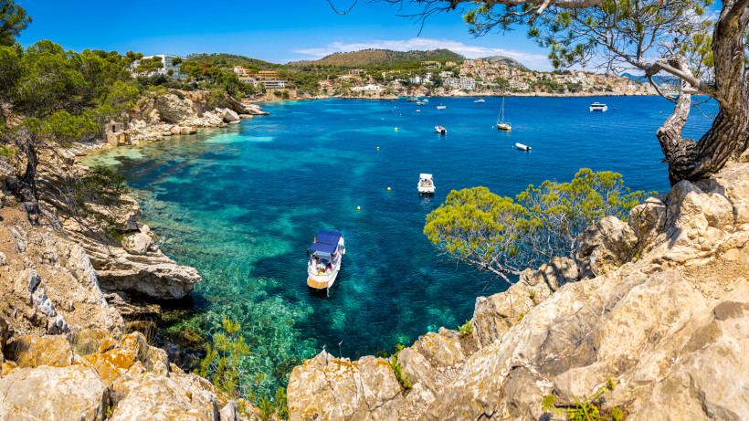 Blick über die Bucht Cala Fornells mit türkisfarbenem Wasser, Felsen, Pinien und vor Anker liegenden Booten