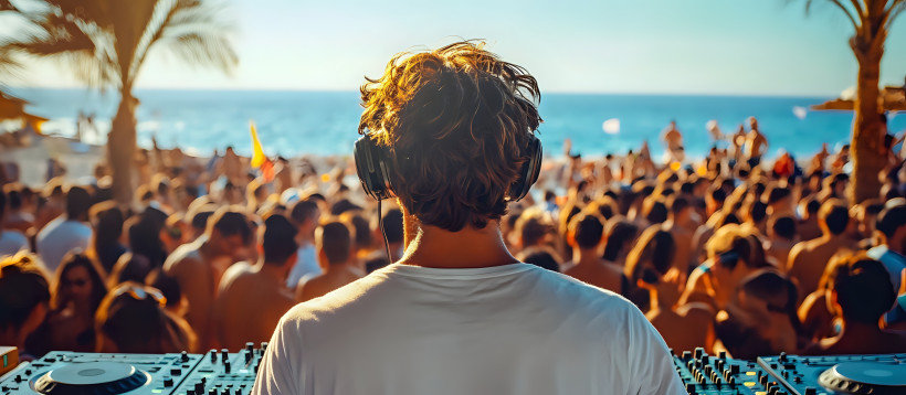DJ tritt bei einer Strandparty mit einer großen Menschenmenge im Hintergrund auf.
