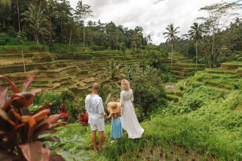 Bali Eine Familie mit zwei Erwachsenen und einem Kind steht auf einem grünen Hang und blickt auf die berühmten Reisterrassen von Tegalalang auf Bali. Die üppige Landschaft ist von Palmen und gestuften Reisfeldern durchzogen. Die Familie trägt helle Kleidung, d