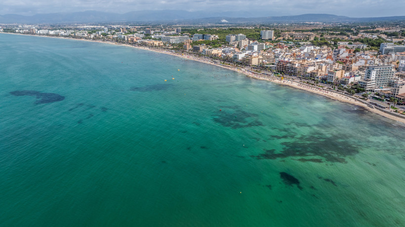 Luftaufnahme der Küste von El Arenal mit Strand, Promenade und Hotelbebauung am türkisfarbenen Meer