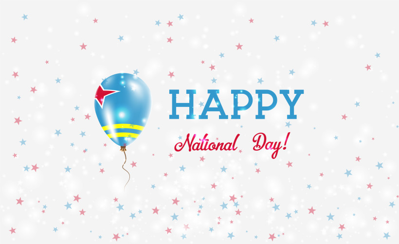 Grafik mit dem Text 'Happy National Day!' in Blau und Rot. Links ein blauer Ballon mit gelben Streifen und rotem Stern – inspiriert von der Flagge Arubas. Umgeben von weißen Lichtpunkten und roten sowie blauen Sternen auf hellem Hintergrund.