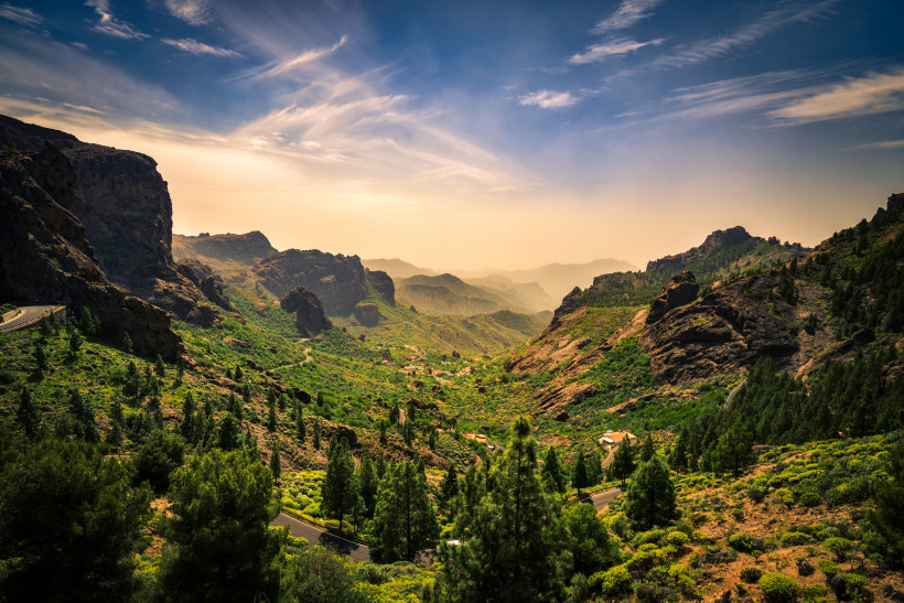 Bergtal auf Gran Canaria mit felsigen Hängen, Pinien und Serpentinenstraße bei tief stehender Sonne