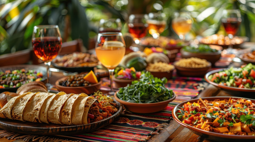 Ein reich gedeckter Tisch mit köstlichen mexikanischen Speisen: Frische Tacos, bunte Salate, würzige Bohnen und aromatische Saucen werden auf kunstvollen Tellern serviert. Dazu genießen die Gäste ein Glas edlen Weins in einer gemütlichen, stilvollen Atmos