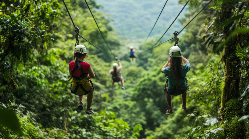 Costa Rica, Familienurlaub  Menschen gleiten mit Ziplining-Ausrüstung durch einen üppigen, grünen Regenwald