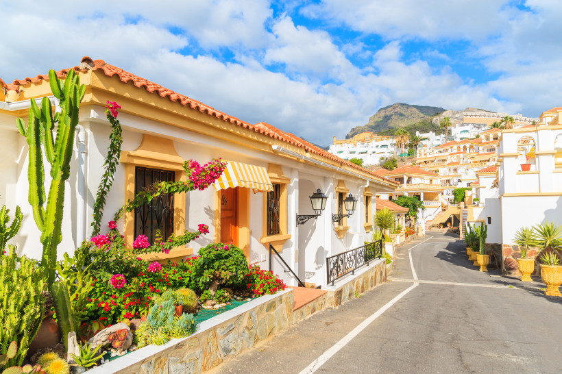 Straße in Adeje auf Teneriffa mit Häusern, Kakteen und Blumenbeeten, im Hintergrund Hangbebauung und Berge