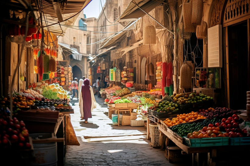 Ein traditioneller orientalischer Markt in einer engen Gasse. Links und rechts reihen sich Stände mit frischem Obst und Gemüse – Tomaten, Orangen, Trauben, Paprika und mehr. Eine Person in einem langen, violetten Gewand geht durch die Gasse. Die Szene ist
