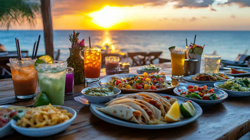 Ein unvergessliches Abendessen am Strand: Köstliche mexikanische Tacos, frische Salate und exotische Cocktails werden auf einem Holztisch serviert, während die Sonne langsam im Meer versinkt. Die warme Atmosphäre und das sanfte Licht des Sonnenuntergangs 