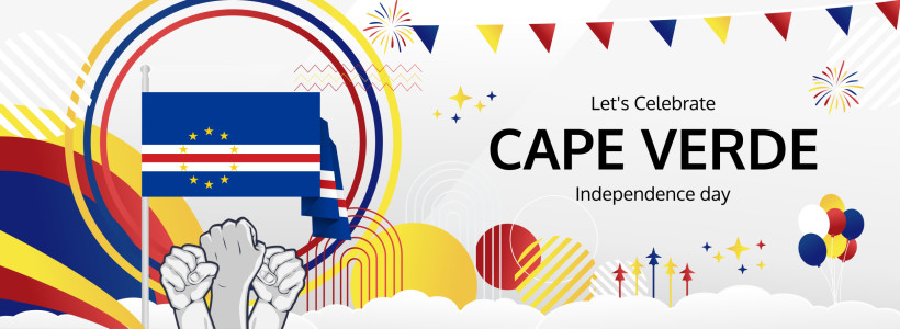 Grafik zum Unabhängigkeitstag von Kap Verde. Die kapverdische Flagge ist zentral platziert, umgeben von bunten Dekorationen, Feuerwerk, Luftballons und einem stilisierten Hintergrund in Blau, Gelb, Rot und Weiß. Text: 'Let’s Celebrate Cape Verde – Indepen
