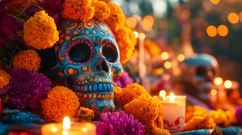 Tag der Toten Bunt verzierter Totenkopf (Calavera) umgeben von leuchtend orangefarbenen Ringelblumen, Kerzen und Dekorationen auf einem Día de los Muertos Altar