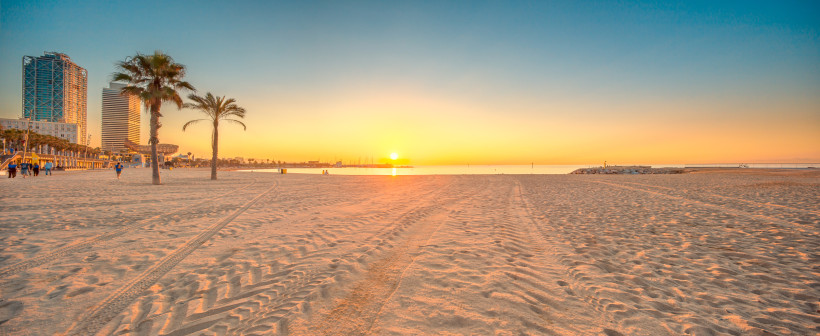 Barceloneta-Strand in Barcelona bei Sonnenaufgang mit ruhigem Meer und Palmen