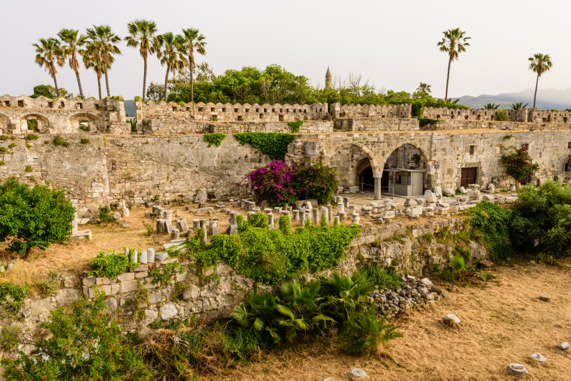 Kos Ein historisches Ausgrabungsgelände auf Kos mit einer alten Steinmauer, runden Torbögen und verstreut liegenden antiken Säulenfragmenten. Im Hintergrund wachsen Palmen und weitere Bäume. Die Szene wirkt ruhig und leicht mediterran überwuchert.
