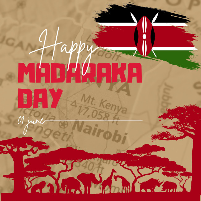Kenia Grafik mit der Aufschrift 'Happy Madaraka Day – 01 June' und der kenianischen Flagge. Im Hintergrund eine Karte von Kenia mit Nairobi und dem Mount Kenya. Unten Silhouetten afrikanischer Tiere und Bäume.