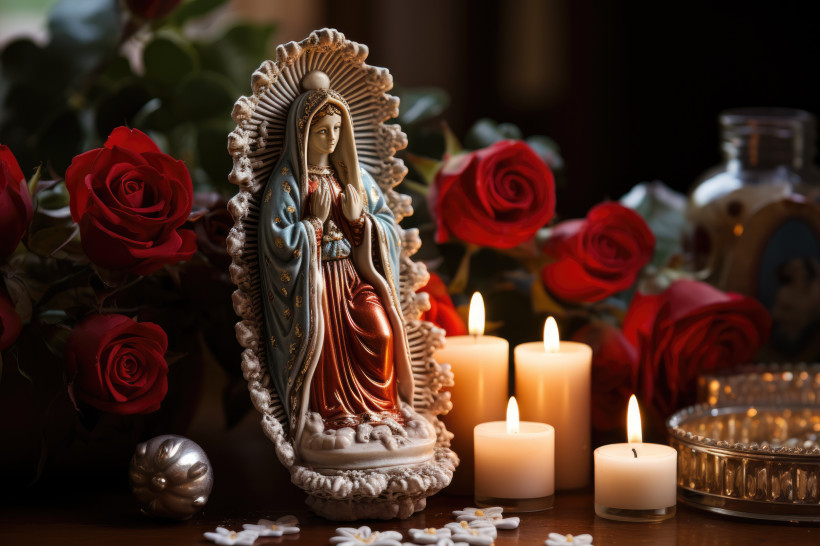 Mexiko Christlicher Altar mit einer mit Blumen und Kerzen geschmückten Statue der Jungfrau Maria. Las Posadas, Mariä Himmelfahrt, Hochfest, Heimsuchung, Feier der Geburt der Heiligen Jungfrau Maria
