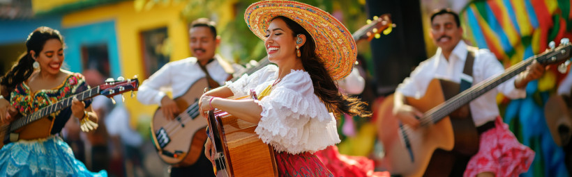 Eine fröhliche Szene voller Musik und Tanz: Eine mexikanische Musikerin in traditioneller Tracht spielt die Gitarre, begleitet von einer Band in farbenfroher Umgebung. Die festliche Stimmung spiegelt die lebendige Kultur Mexikos wider.