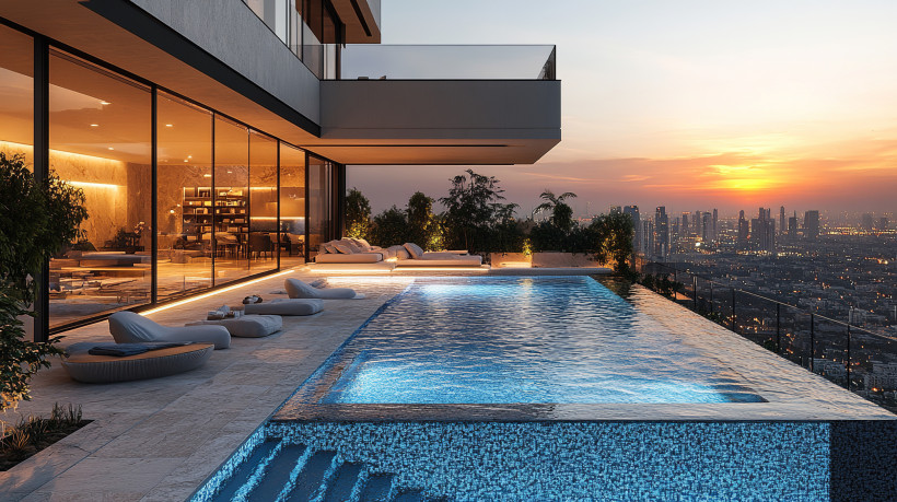 Luxusurlaub, Dubai Luxuriöser Infinity-Pool auf dem Dach mit Blick auf die Stadt