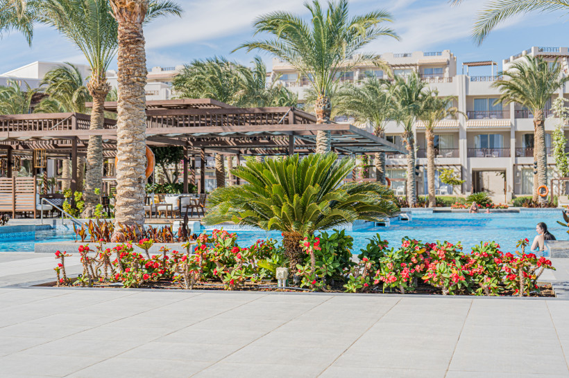 Moderne Hotelanlage in Marsa Alam mit großem Pool, Palmen und bunten Blumenbeeten