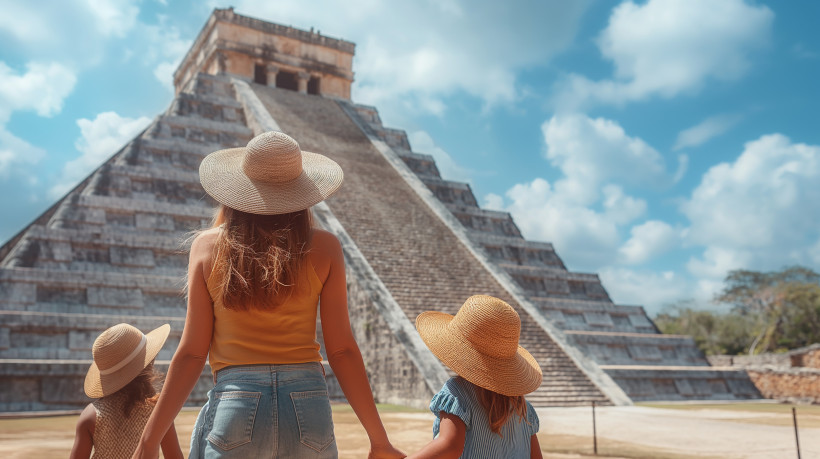 Mexiko Familie bewundert Chichen Itza Maya-Pyramide an einem sonnigen Tag