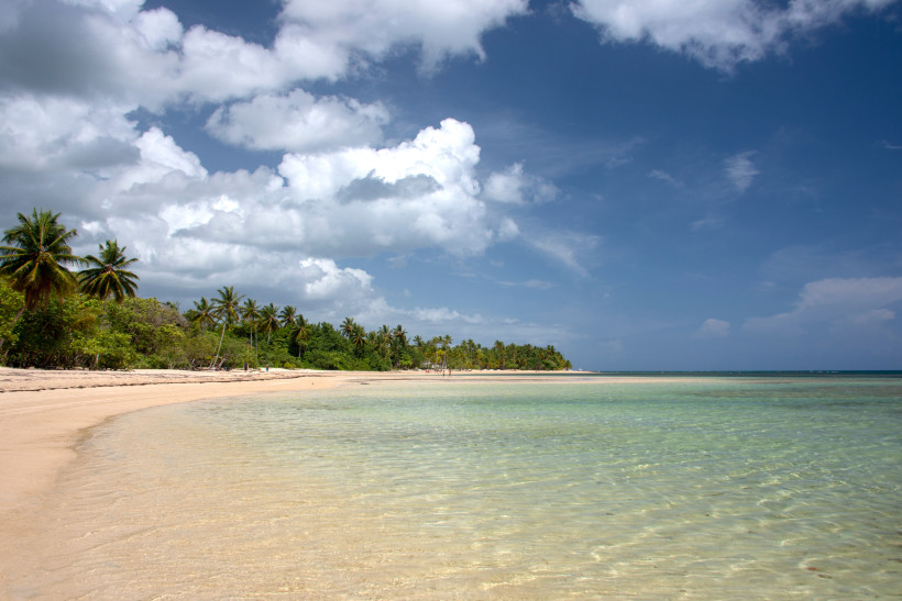 Dominikanische Republik - Lanza del Norte Weitläufiger, naturbelassener Strand in der Dominikanischen Republik mit hellem Sand, Palmen und glasklarem Wasser – ideal für ruhige Bade- und Erholungstage.