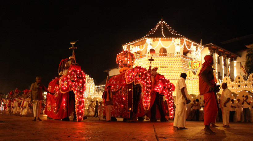Nachtaufnahme einer festlichen Prozession vor dem Zahntempel in Kandy, Sri Lanka. Zwei prächtig geschmückte Elefanten mit roten Lichtern tragen Zeremonialschmuck und Reiter. Im Hintergrund ist das Tempelgebäude mit Lichterketten festlich beleuchtet. Um di